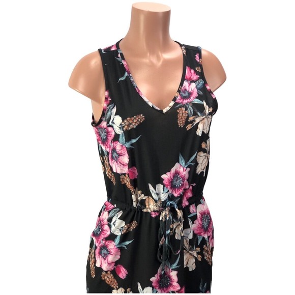 New WestLoop Floral  A-Line Drawstring Waist Short Knit Tank Dress Sz L -Bla… - Picture 2 of 12